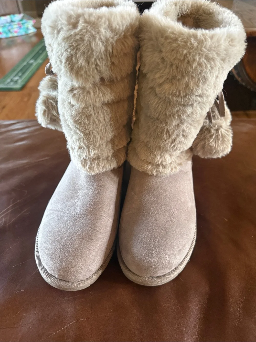 Kids Faux Fur Pom-Trim Winter Boots - Taupe